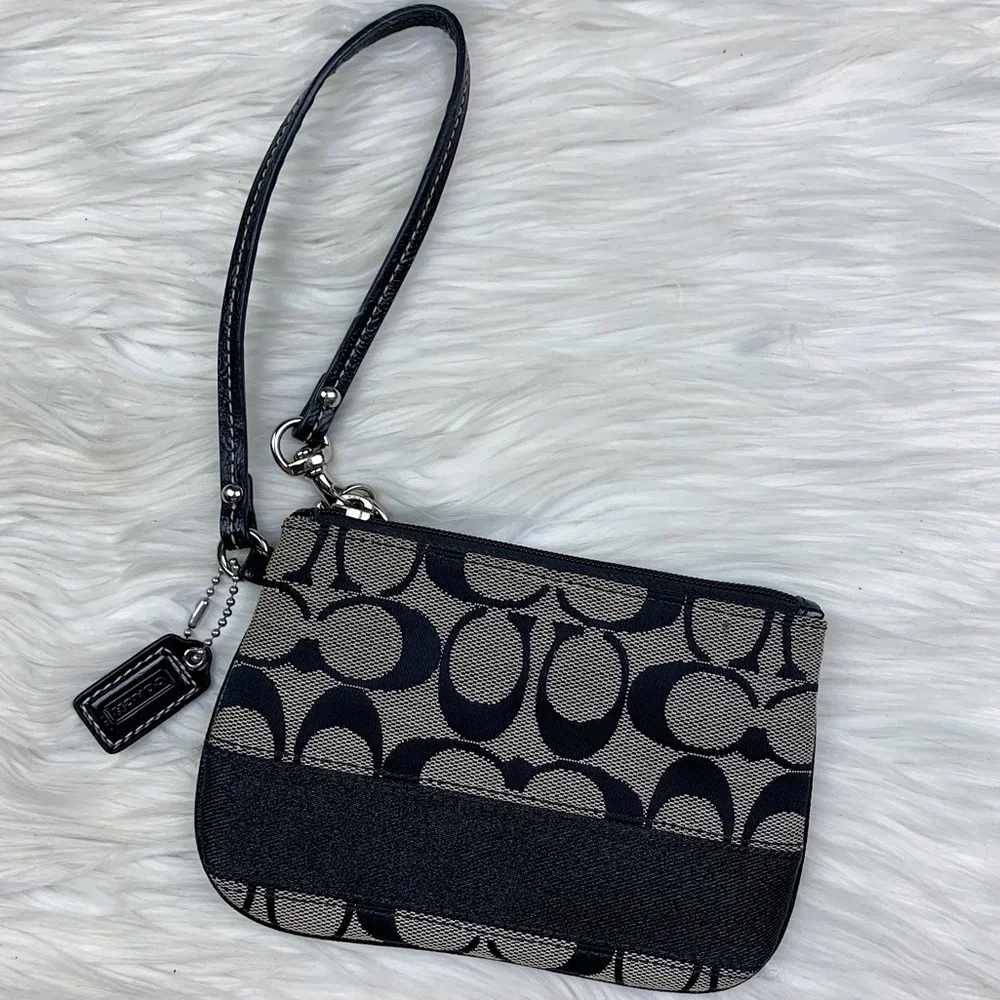 Coach Signature Canvas Leather Stripe Black Gray Small Zip Wristlet Wallet Y2K
